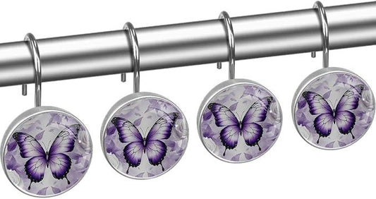 Purple Butterfly and Flower Shower Curtain Hooks, 12Pcs Decorative Rust Resistant Shower Rings for Shower Curtain Rods, Stainless Steel Round Curtain Hooks for Bathroom, Bedroom - ModernBath