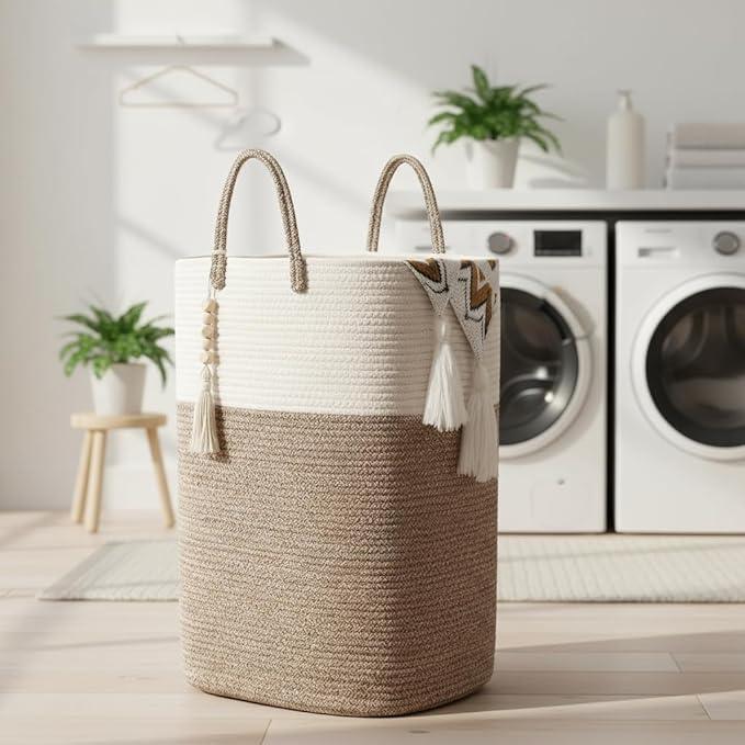 80L Tall Woven Laundry Hamper – Large Foldable Storage Basket with Handles for Clothes, Blankets, Toys, Bathroom, Living Room, Nursery Decor - ModernBath