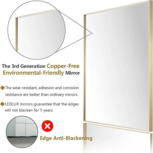 LEDLUX 30x40 Inch Gold Bathroom Mirror - Copper-Free Mirror, Aluminum Alloy Frame Vanity Rectangle Wall Mounted Modern Mirror for Bedroom/Living Room/Porch Horizontal or Vertical - ModernBath