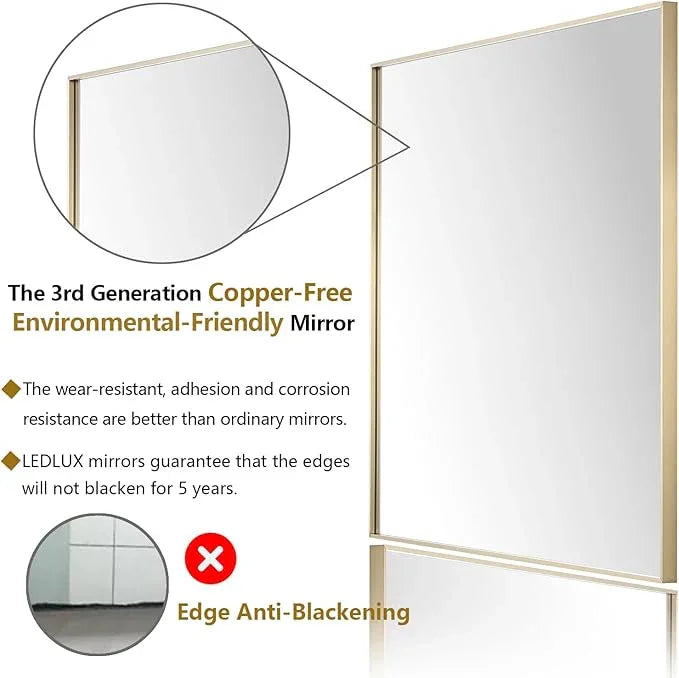 LEDLUX 20x36 Inch Gold Bathroom Mirror - Copper-Free Mirror, Aluminum Alloy Frame Vanity Rectangle Wall Mounted Modern Mirror for Bedroom/Living Room/Porch Horizontal or Vertical - ModernBath