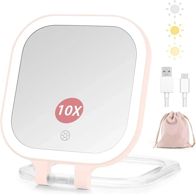 DESCHEN Rechargeable Travel Makeup Vanity Mirror with Lights and Magnification, Portable 1X/10X Magnifying Mirror with 3 Color Light, Lighted Makeup Mirror with Magnification, Folding LED Desk - Pink - ModernBath