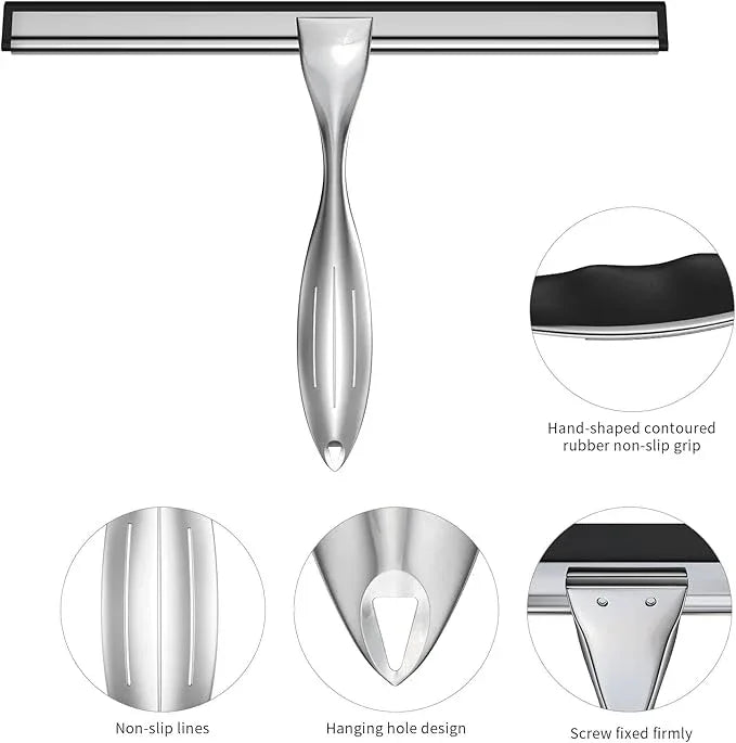 14-Inches Stainless Steel Shower Squeegee Set, Include Shower Door Hook, Adhesive Hook and Spare Silicone Blade, Window Squeegee for Shower Glass Door, Bathroom, Mirror, Window and Car Glass - ModernBath