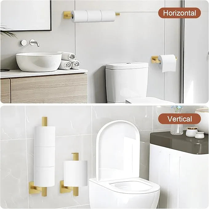 TQKAG 7-Pieces Brushed Gold Bathroom Hardware Accessories Set 23.6" SUS304 Stainless Steel Towel Bar Set Toilet Paper Spare Rolls Storage Holder Wall Mounted - ModernBath