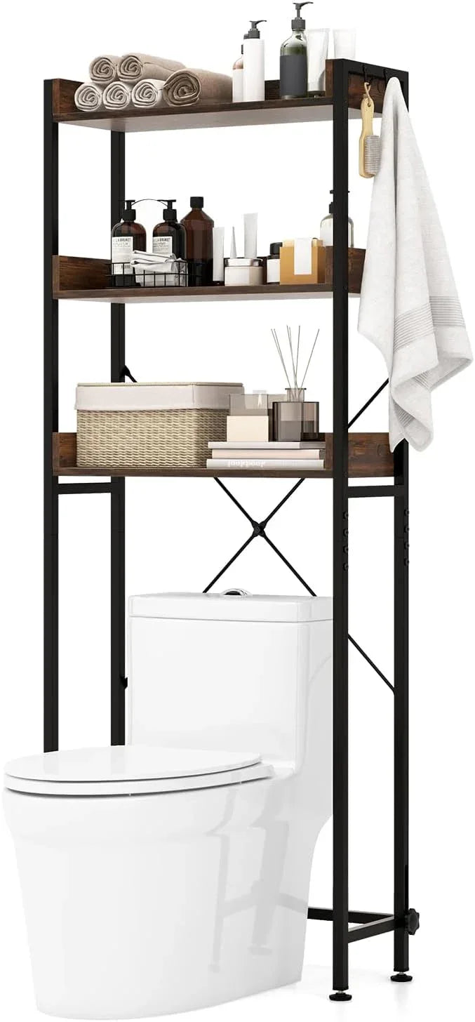Tangkula Over The Toilet Storage, 3-Tier Toilet Rack Bathroom Space Saver with 4 Hooks & Adjustable Bottom Bar, Freestanding Bathroom Organizer Shelf Over Toilet for Restroom Balcony Laundry (Brown) - ModernBath