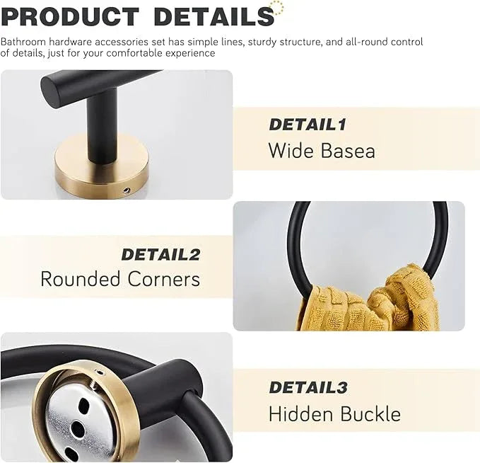 Bathroom Hardware Set 3 Piece Black&Gold Wall Mounted Stainless Steel Hardware Towel Bar Set Gold Bathroom Accessories Towel Rack Set Kit Includes Hand Towel Ring, Toilet Paper Holder, Robe Hook - ModernBath