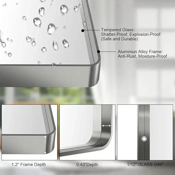 miroro Brushed Nickel 51x30 Inch Metal Framed Mirror for Wall, Large Rounded Rectangle Mirror, Anti-Rust, Tempered Glass, Hangs Horizontally or Vertically - ModernBath
