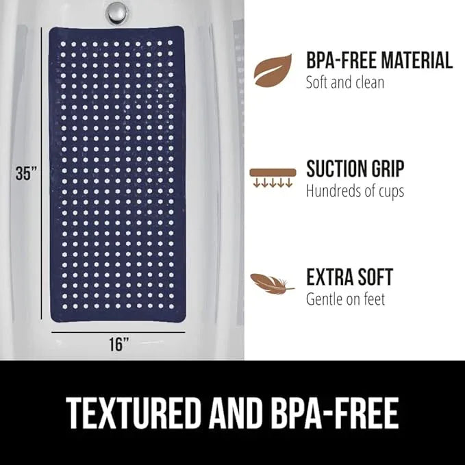 GORILLA GRIP Patented Bath Tub Shower Mat, Machine Washable Bathtub Floor Liner Mats, Suction Cups and Drain Holes to Keep Tubs Clean, Soft on Feet, Bathroom Essentials, 35x16 Inch, Navy Opaque - ModernBath