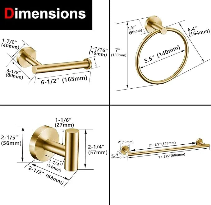 5 Pieces Brushed Gold Bathroom Hardware Accessories Set, SUS304 Stainless Steel 24 Inch Bath Towel Bar Set, Round Bathroom Towel Holder Set, Towel Racks for Bathroom Wall Mounted - ModernBath