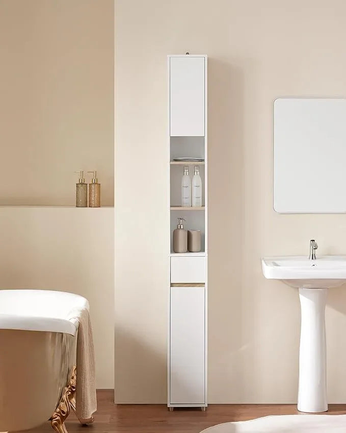 SoBuy Bathroom Narrow Storage Cabinet Skinny Tall Unit with Adjustable Shelves Slender Anti-Tipping Floor Standing Cupboard, White & Natural BZR34-WN - ModernBath