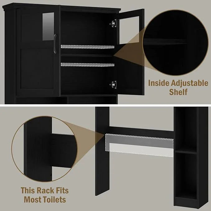 Vabches Over The Toilet Storage Cabinet, Storage Cabinet Over Toilet with Double Doors & Toilet Paper Holder Stand, Freestanding Toilet Shelf Space Saver with Anti-Tip Design & Adjustable Shelf, Black - ModernBath