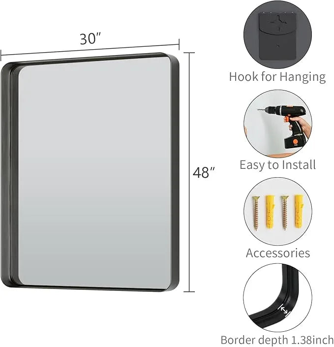 Koonmi Black Wall Mirror for Bathroom, 30x48 Inch Matte Deep Framed Rounded Rectangle Vanity Mirror for Farmhouse Living Room, Tempered Glass, Anti-Rust, Vertically or Horizontally - ModernBath