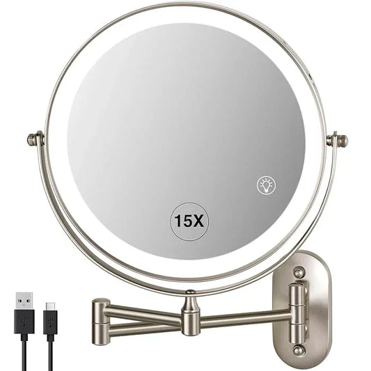 VORREMIRR Magnifying Mirror with Lights 1x/15x: 8.5" Double Sided Wall Mounted Lighted Makeup Mirror for Bathroom, 3 Color Lights & 360°Swivel Vanity Mirror, Brushed Nickel - ModernBath