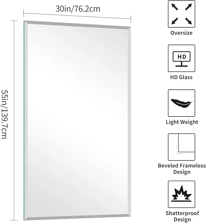 KOCUUY Beveled Mirror, 55x30 Inch Large Frameless Bathroom Mirror for Over Sink, Upgraded Shatterproof Beveled Unframed Design Mirror for Bathroom, Bedroom, Hang Horizontal/Vertical - ModernBath