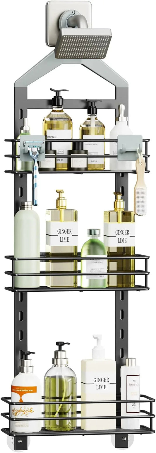 Orimade Adjustable Anti-slip Shower Caddy over Head, Rustproof Bathroom Hanging Shower Organizer with 2 Hooks for Razor, No Drilling Shower Shelves Storage Rack 3 Tier, Grey - ModernBath