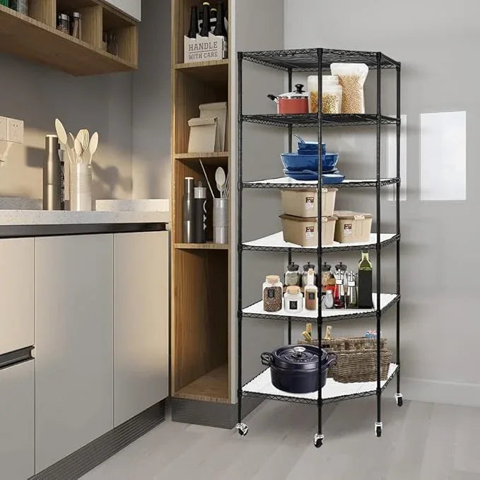BNSPLY 6 Tier Corner Wire Shelving Unit, Adjustable Wire Shelf with Wheels, Metal Storage Shelves and Racks for Kitchen, Bathroom, Laundry, Pantry, Closet (27" D x 27" W x 71" H, Black) - ModernBath