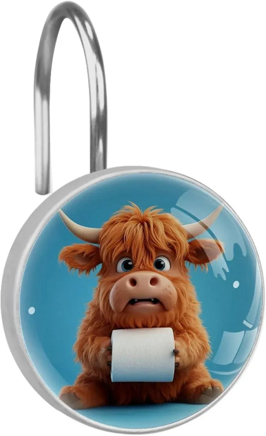 Funny Highland Calf Shower Curtain Hooks Rings, Stainless Steel Rust Proof Shower Curtain Hooks, Decorative Shower Hooks for Bathroom Shower Rods Curtains, Set of 12 - ModernBath