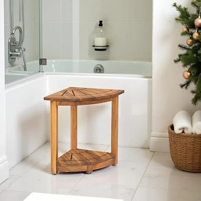 VICTORY RELAX Acacia Wood Corner Shower Stool - Waterproof Triangular Bathroom Bench with Storage Shelf & Soap Dish for Shaving, Natural Wood (17.9x12.7x16.5) - ModernBath