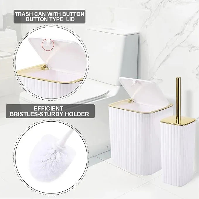 XLHOMO Bathroom Accessories Set - Gorgeous Bathroom Set, 28PC White Bathroom Accessory Set, Shower Curtain with 5PC Adhesive Corner Shower Caddy Hanging, Toilet Brush, Trash Can & Soap Dispenser - ModernBath