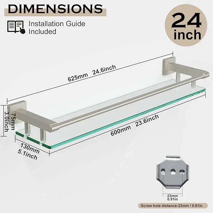 Glass Shelf for Bathroom Wall Sheves 24 inch Rectangular Stainless Steel Tempered Glass Modern Stainless Steel Wall Mount Accessories Organizers Storage (Brushed Nickel, 24‘’) - ModernBath