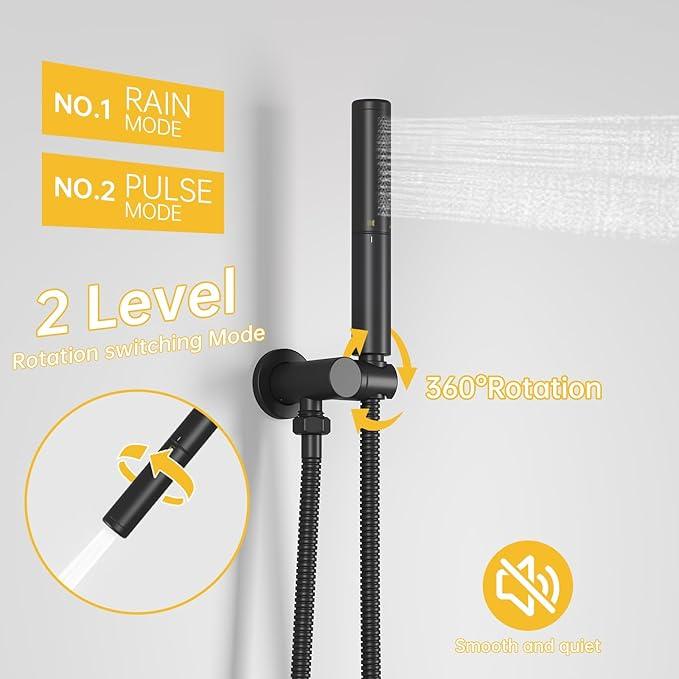 BESy Shower System with 10 Inch Round Rain Shower Head and Handheld Wall Mounted, High Pressure Rainfall Heads Shower Faucet Fixture Combo Set with 2 in 1 Spray Showerhead for Bathroom, Matte Black - ModernBath