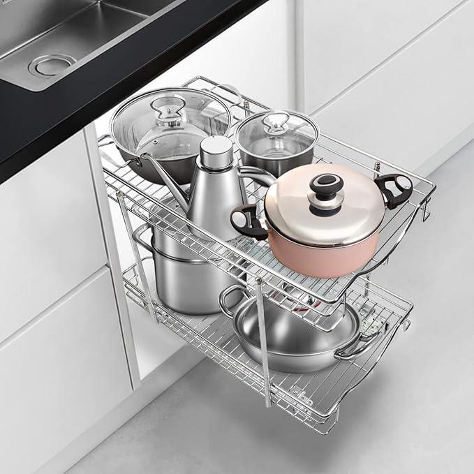 Fulgente Chrome Finish Pull Out Drawers Cabinet Organizer, Professional Large Wire Basket Frame 2 Tier Heavy Duty Slide Out Kitchen Storage Organizations Shelves Sliding Pantry 11"W x 18"D x 15.12"H - ModernBath