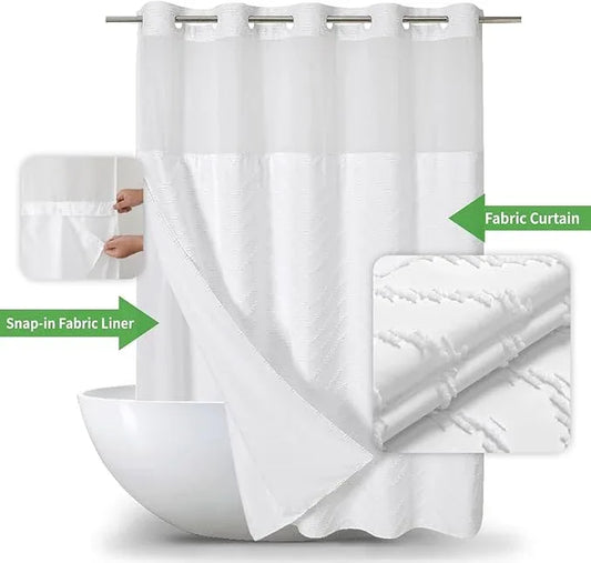 eachope No Hook Tufted Chevron Striped Shower Curtain with Snap-in Fabric Liner set-71Wx74H,Hotel Grade,Boho Style Waterproof Shower Curtain with See Through Top Window,White - ModernBath