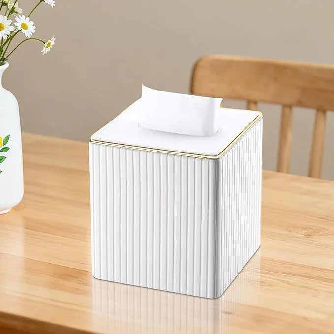 KINGFOM Tissue Box Cover, PU Leather Square Tissue Box Holder for Kleenexs with Magnetic Bottom Cover for Facial Tissues/Napkins, Office & Living Room Decor Box White - ModernBath