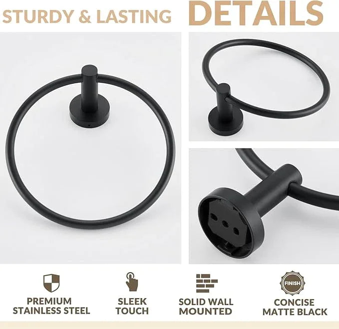APLusee Matte Black Towel Ring Wall Mounted, Hand Towel Holder for Bathroom, Solid Stainless Steel Round Wall Hanger - ModernBath