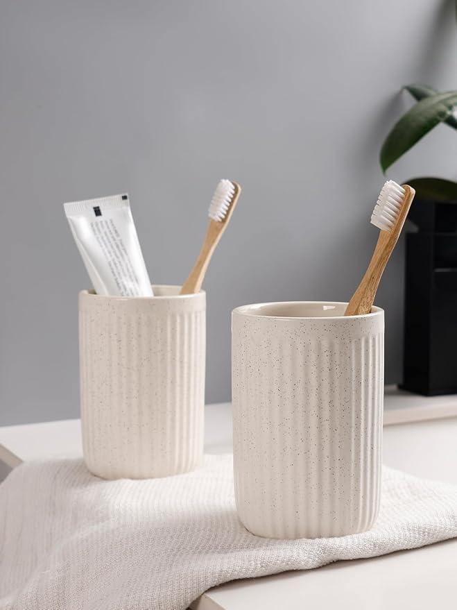 Bosilunlife Soap Dispenser and Toothbrush Holder Set - 11Oz Foam Soap Dispenser Pump Ceramic Bathroom Counter Soap Toothbrush Holder Set Beige Bathroom Accessories Set - ModernBath