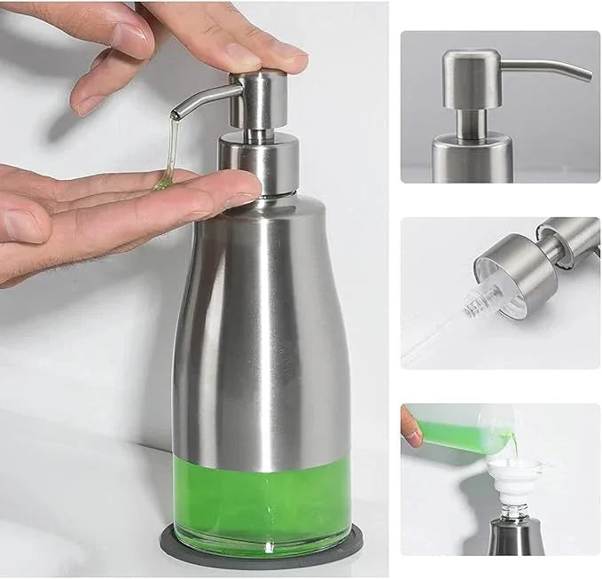 Gaussra Soap Dispenser with Coaster and Stickers, Brushed Nickel Stainless Steel Case Glass Liner Hand Pump Dispenser, Refillable Liquid Hand Soap Dispenser for Bathroom & Kitchen (11OZ / 320ML) - ModernBath
