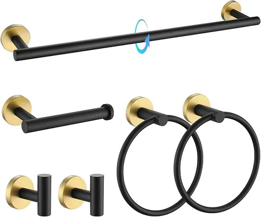 TQKAG Black and Gold Bathroom Hardware Set 6-Piece Bathroom Accessory Set 23.6 Inch Round Stainless Steel Towel Bar Set Wall Mounted - ModernBath
