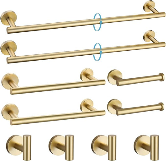 TURS Brushed Gold 10 Pieces Bathroom Hardware Set, SUS304 Stainless Steel 24 Inch Bath Towel Bar Set, Round Bathroom Accessories Kit Wall Mounted
