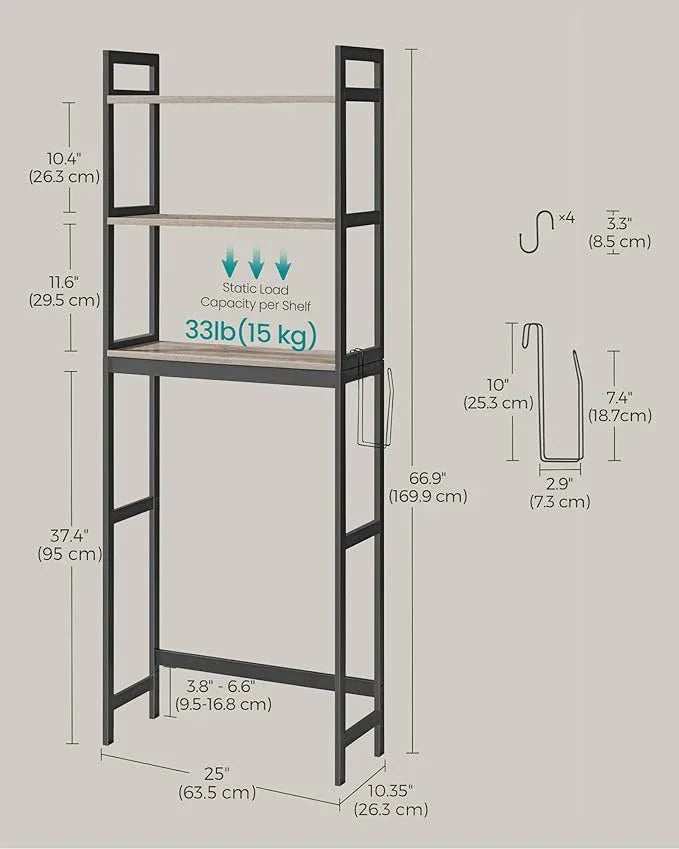 SONGMICS Over-The-Toilet Storage, 3-Tier Bathroom Organizer Over Toilet with Adjustable Shelves, Hooks, Bamboo, Freestanding Space Saver Bathroom Shelves, Heather Greige and Ink Black UBTS012W01 - ModernBath