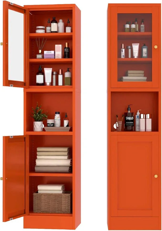 Metal Bathroom Storage Cabinet, 67" Tall Narrow Freestanding Floor Cabinet with Adjustable Shelves and Open Compartment, Slim Metal Locker for Laundry, Kitchen, Dining Room - ModernBath