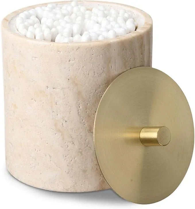 HAMAKAWA Nartural Marble Qtip Holder with Brass Lid, Beige Travertine Cotton Swab Jar, Modern Round Canister, Small Apothecary Storage Jars for Bathroom, Bedroom, Vanity, Kitchen Cabinet - ModernBath