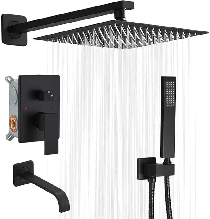 Heable Matte Black Shower Faucet Set with Tub Spout Bathroom Rainfall 12 Inch Shower Head System with Handheld Single Handle Shower Trim Kit with Rough-in Valve - ModernBath