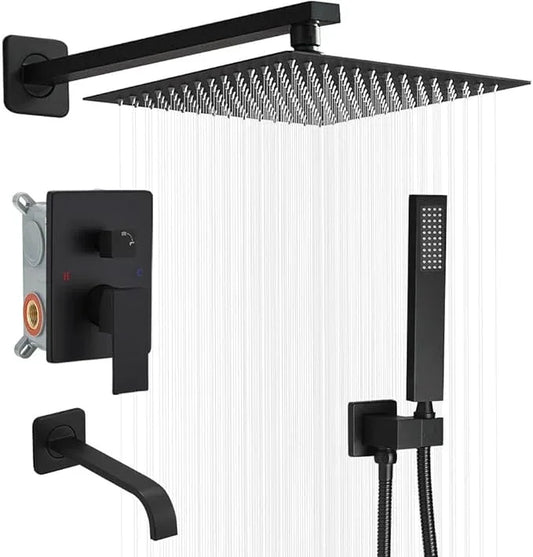 Heable Matte Black Shower Faucet Set with Tub Spout Bathroom Rainfall 12 Inch Shower Head System with Handheld Single Handle Shower Trim Kit with Rough-in Valve - ModernBath