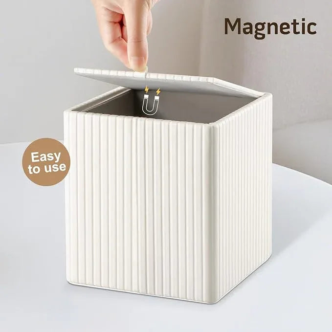 KINGFOM Square Pu Leather Tissue Box Cover, Modern Facial Tissue Holder, Roll Tissues Paper Case Dispenser for Bathroom Vanity Countertop, Night Stands, Office Desk (Off-White Strips) - ModernBath
