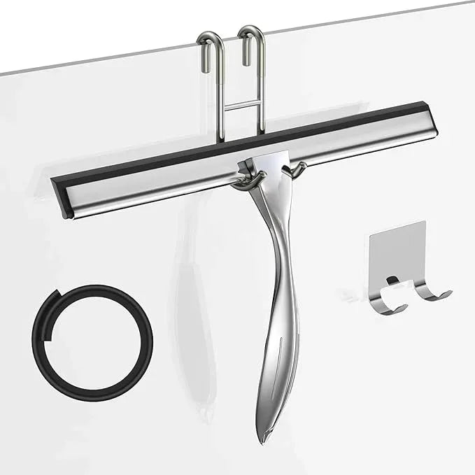Shower Squeegee for Glass Door 12-Inch Stainless Steel Bathroom Squeegee Window Wiper, Includes Shower Door Hook, Adhesive Hook, and Spare Silicone Blade for Window Mirror Car All-Purpose Squeegee - ModernBath