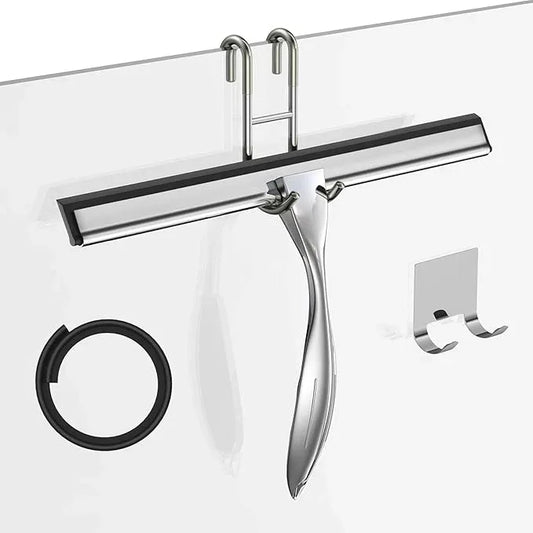 Shower Squeegee for Glass Door 12-Inch Stainless Steel Bathroom Squeegee Window Wiper, Includes Shower Door Hook, Adhesive Hook, and Spare Silicone Blade for Window Mirror Car All-Purpose Squeegee - ModernBath