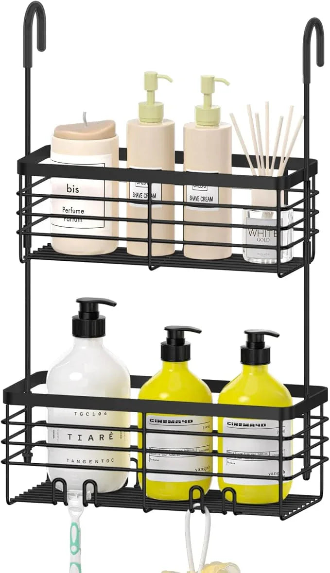 DELLAN 2-Tier Shower Hanging Caddy, Shower Rack with Hooks Over the Door, Stainless Steel Hanging Orangizer and Basket (Black) - ModernBath