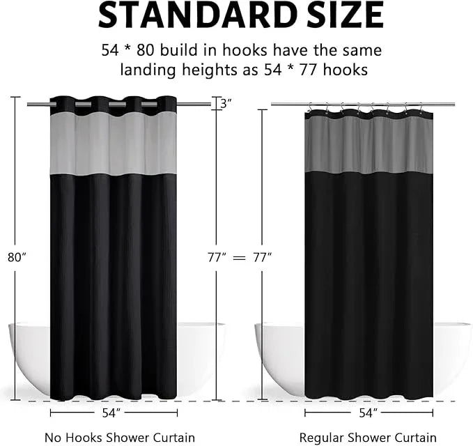 Furlinic No Hook Waffle Weave Shower Curtain with Snap in Liner Set,Heavy Duty Fabric Textured Bathroom Curtain with Sheer Window,Waterproof & Machine Washable,Black,Stall Size 54x80 Inch - ModernBath