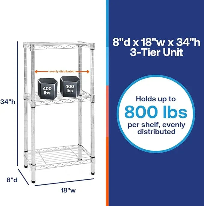 Shelving Inc. 8" d x 18" w Chrome Wire Shelving with 3 Tier Shelves, Weight Capacity 800lbs Per Shelf - ModernBath