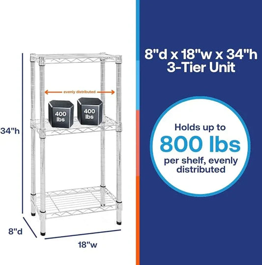 Shelving Inc. 8" d x 18" w Chrome Wire Shelving with 3 Tier Shelves, Weight Capacity 800lbs Per Shelf - ModernBath