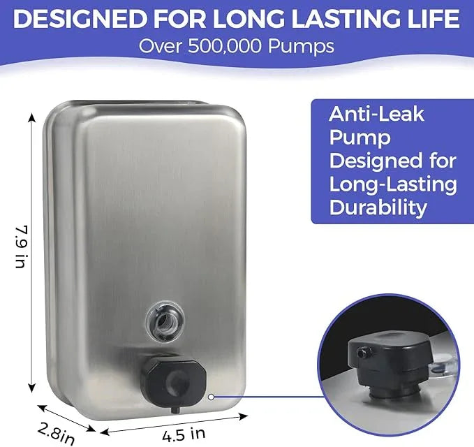 Stardrix Heavy Duty Stainless Steel Wall Mount Soap Dispenser, 1100ml/37oz, with Corrosion Proof Lining and Anti-Leak Pump for Commercial & Home Bathroom Kitchen(Vertical) - ModernBath