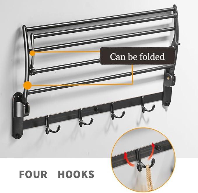 BESy 24 Inch Oil Rubbed Bronze Towel Racks, Bathroom Towel Shelf with Foldable Towel Bar Holder and Towel Hooks, Wall Mounted Multifunctional Bathroom Accessories, Double Towel Bars - ModernBath