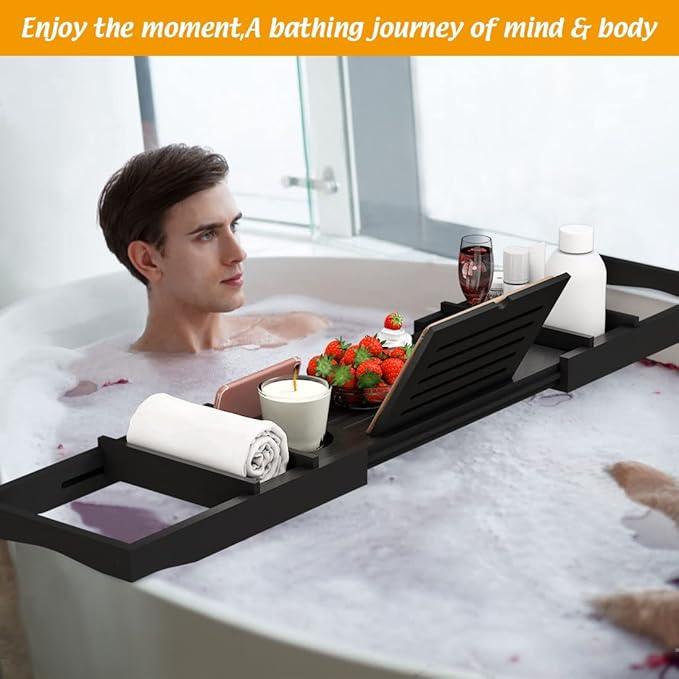 Bamboo Bathtub Tray for Luxury Bathroom, Expandable Premium Bath Tray w/Soap Towel Book Holder, Adjustable Bath Accessories for Tub,Extendable Tub Tray with Wine Glass Cup Organizer 29.5"-43.3" Black - ModernBath