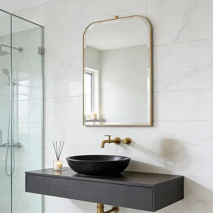 POZINO Brushed Gold Arched Mirror, 22"x35" Brass Vanity Oblong Mirror for Over Sink, Stainless Steel Frame Rounded Rectangle Mirrors for Bathroom Bedroom Living Room Entryway Hallway - ModernBath