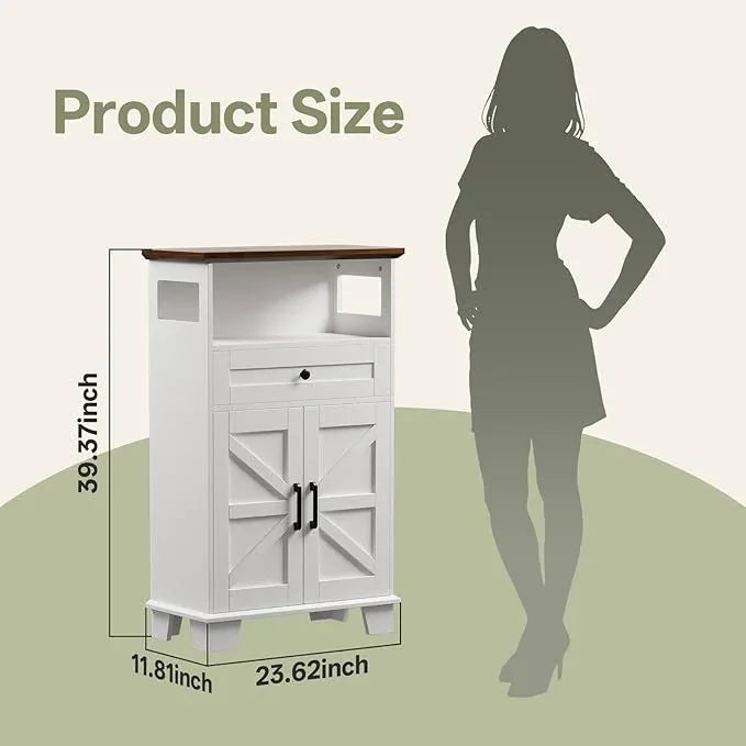 Farmhouse Bathroom Storage Cabinet with Drawer & Adjustable Shelves, White 23.6" Wide Freestanding Floor Cabinet, Barn Door, Sturdy Wood, for Kitchen, Entryway (23.6 * 11.8 * 39.3" (Floor)) - ModernBath
