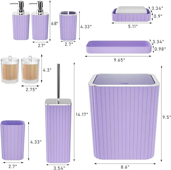 XLHOMO Bathroom Accessories Set - Gorgeous Purple Bathroom Set, 10PC Bathroom Accessory Set, Toilet Brush, Trash Can & Soap Dispenser - ModernBath